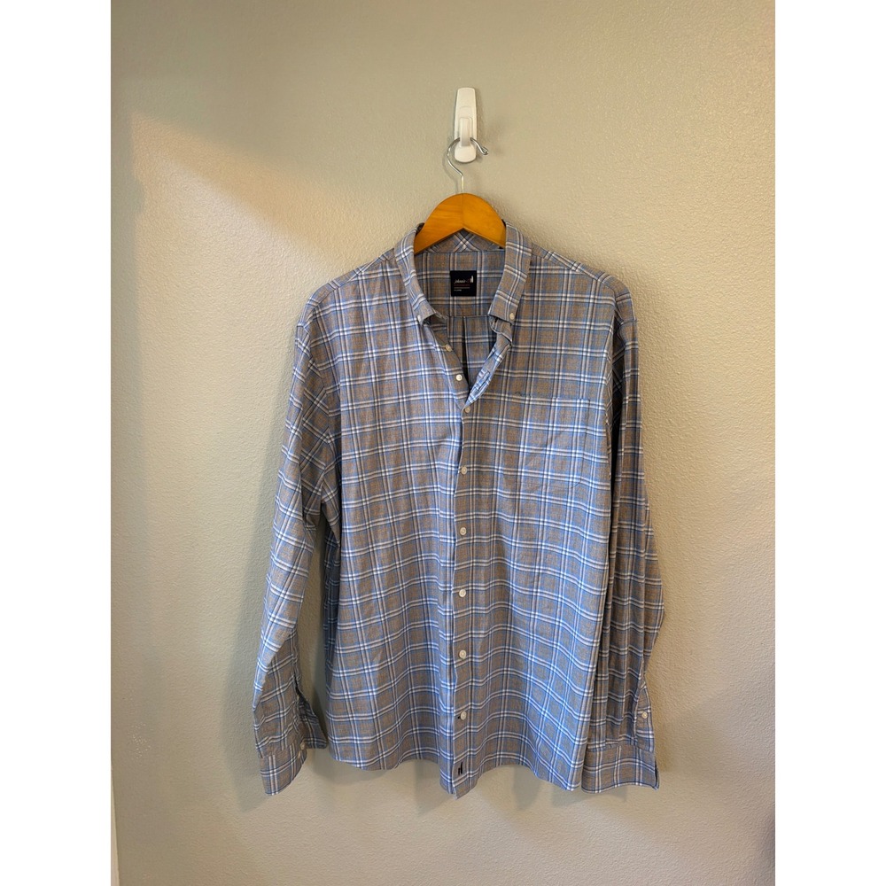 johnnie-O Performance Button Down Shirt Mens XL Blue Tan Plaid Bamboo Stretch